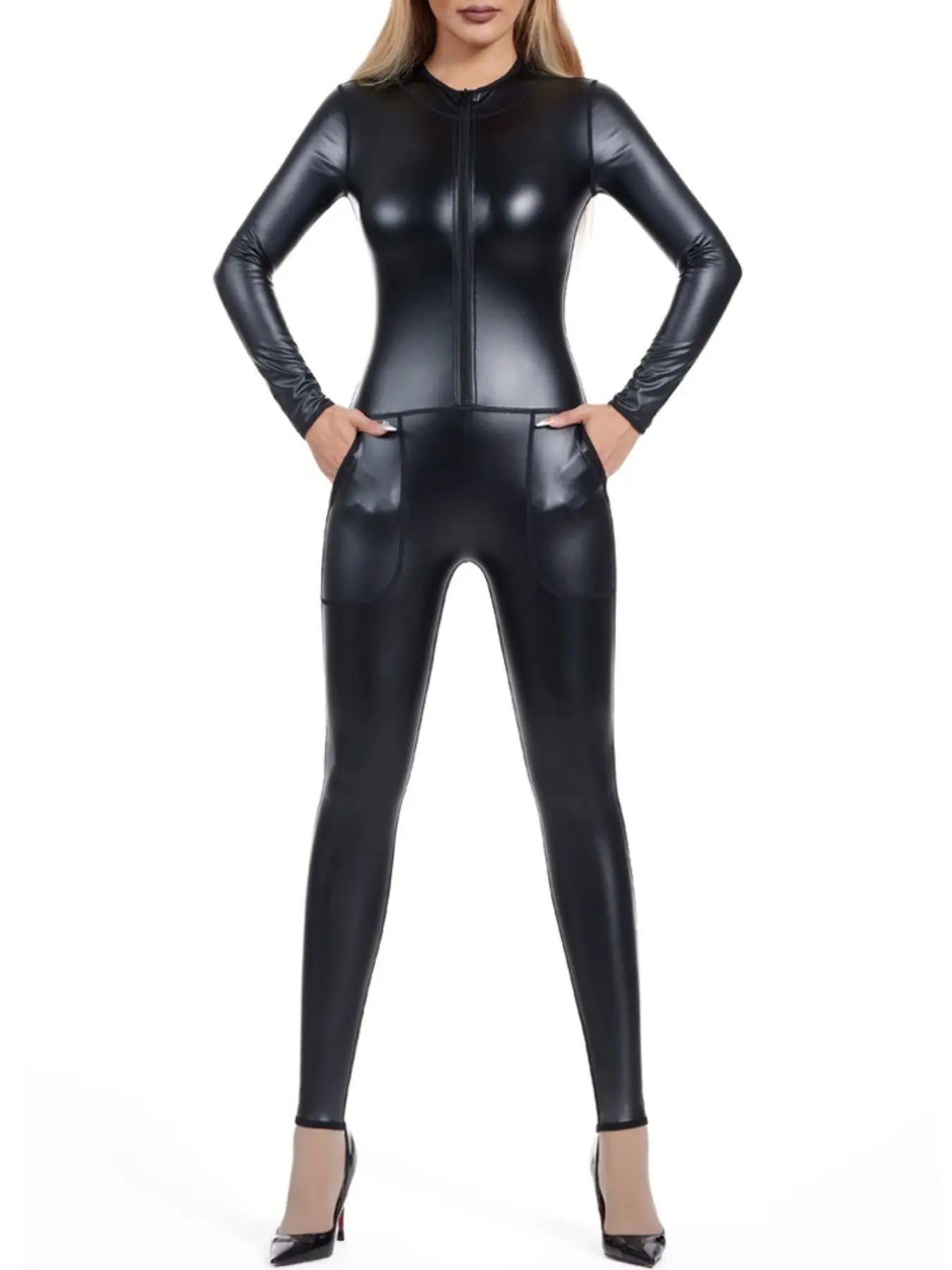 Seamless Women Bodysuit with Pocket Metallic Zip Front Mock Neck Catsuit Costume Shapers Nightclub Dance Shapewear Jumpsuit