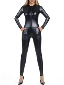 Seamless Women Bodysuit with Pocket Metallic Zip Front Mock Neck Catsuit Costume Shapers Nightclub Dance Shapewear Jumpsuit