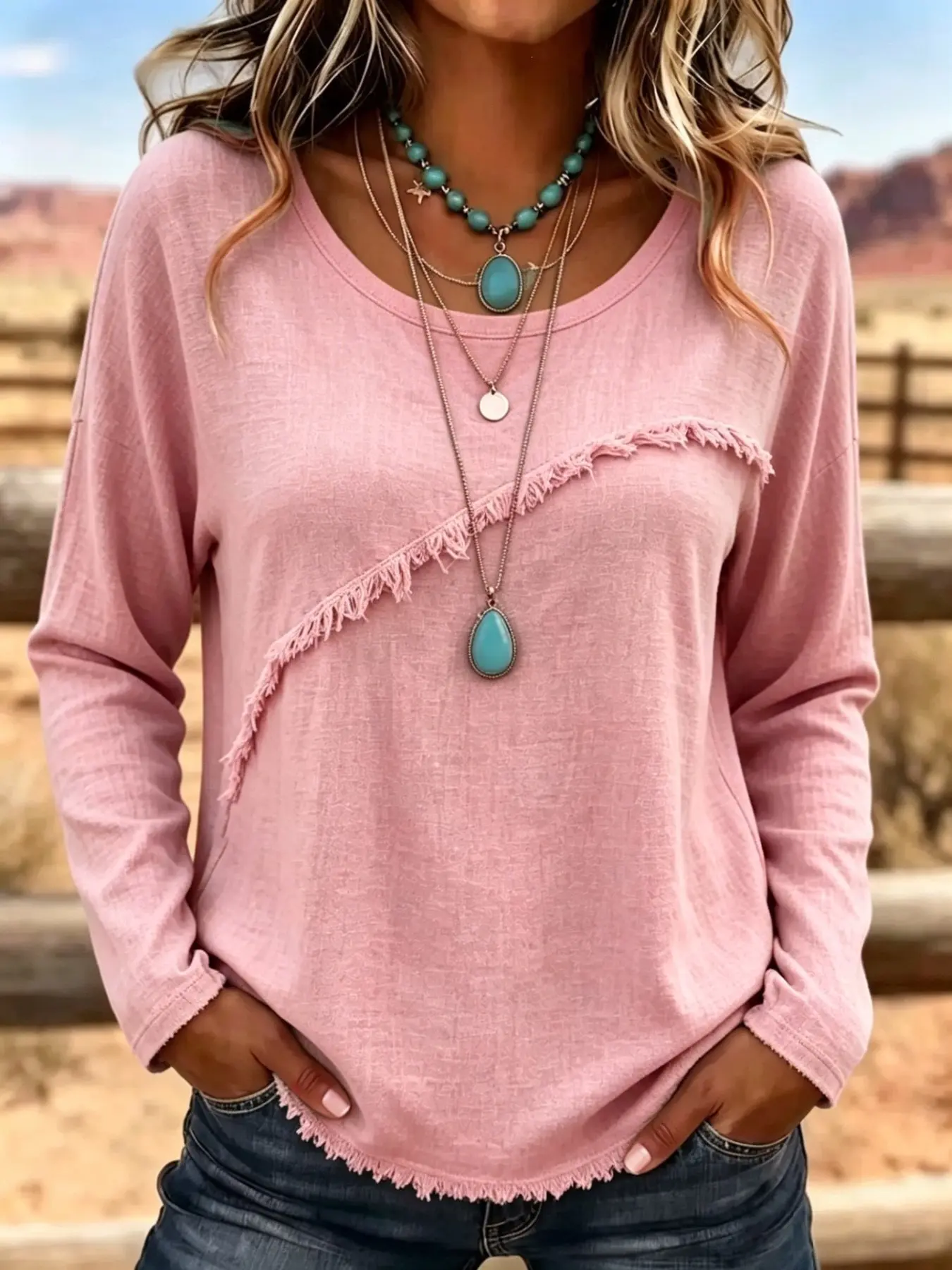 Women's Plus Size Long Sleeve Round Neck T-Shirt, Fringe Edge Patchwork Casual Top, Comfortable and Stylish Daily Wear, Everyday