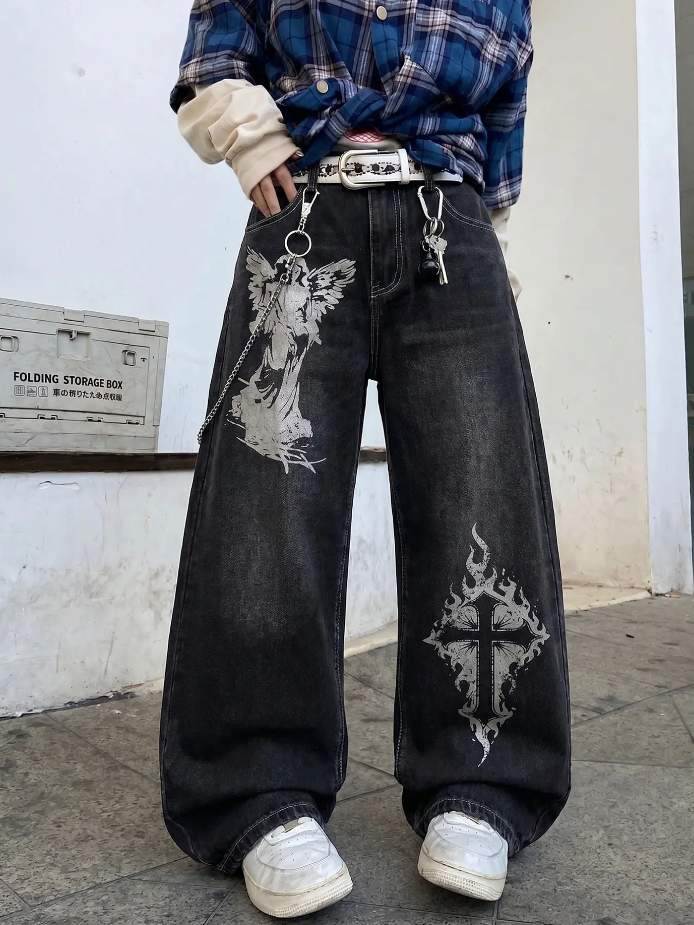 American High Street Vintage Washed Wide Leg Baggy Jeans for Men, Angel Flame Cross Print Y2K Long Pants, Loose-Fit All Seasons Clothing