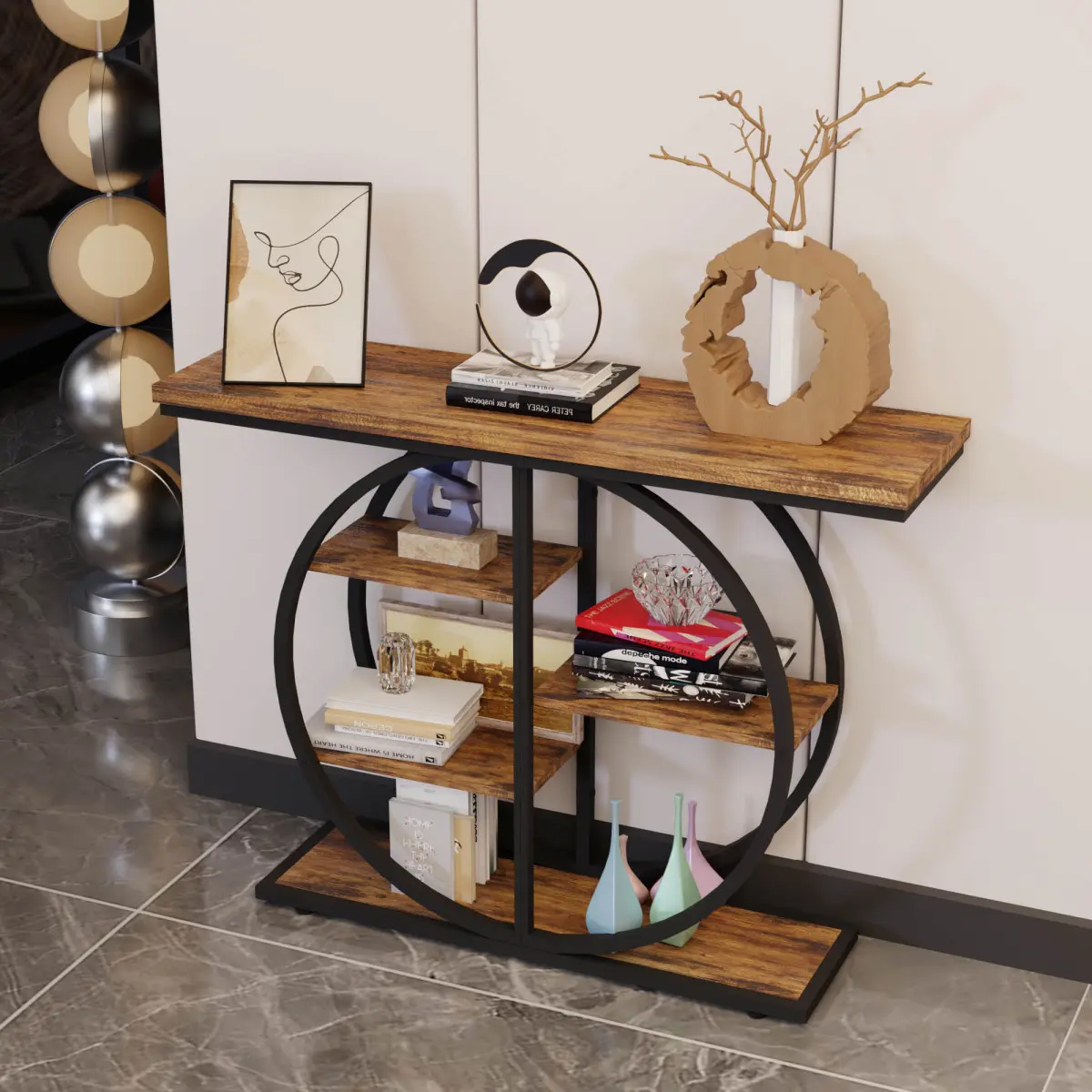 [Fahuac] Industrial Metal-Wood Console Table, 41.3in Narrow Profile 5-Tier Staggered Shelf with Round Frame, Vintage Farmhouse Decor for Entryway Living Room, Rustic Brown with Natural Grains