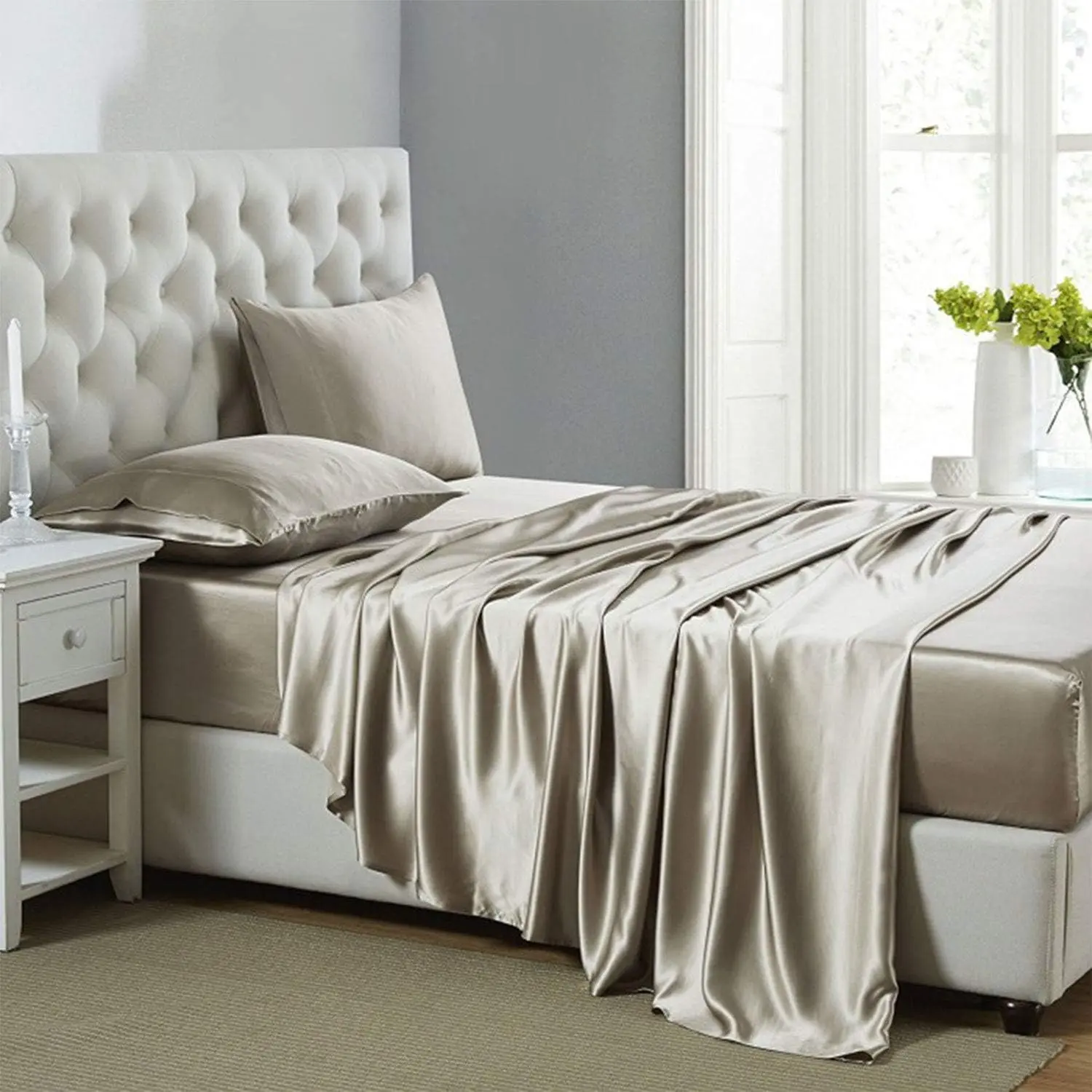 Silk Sheets, Queen Size Bed Sheet Set with Deep Pockets, Cooling Soft and Hypoallergenic Sheets Queen - Taupe