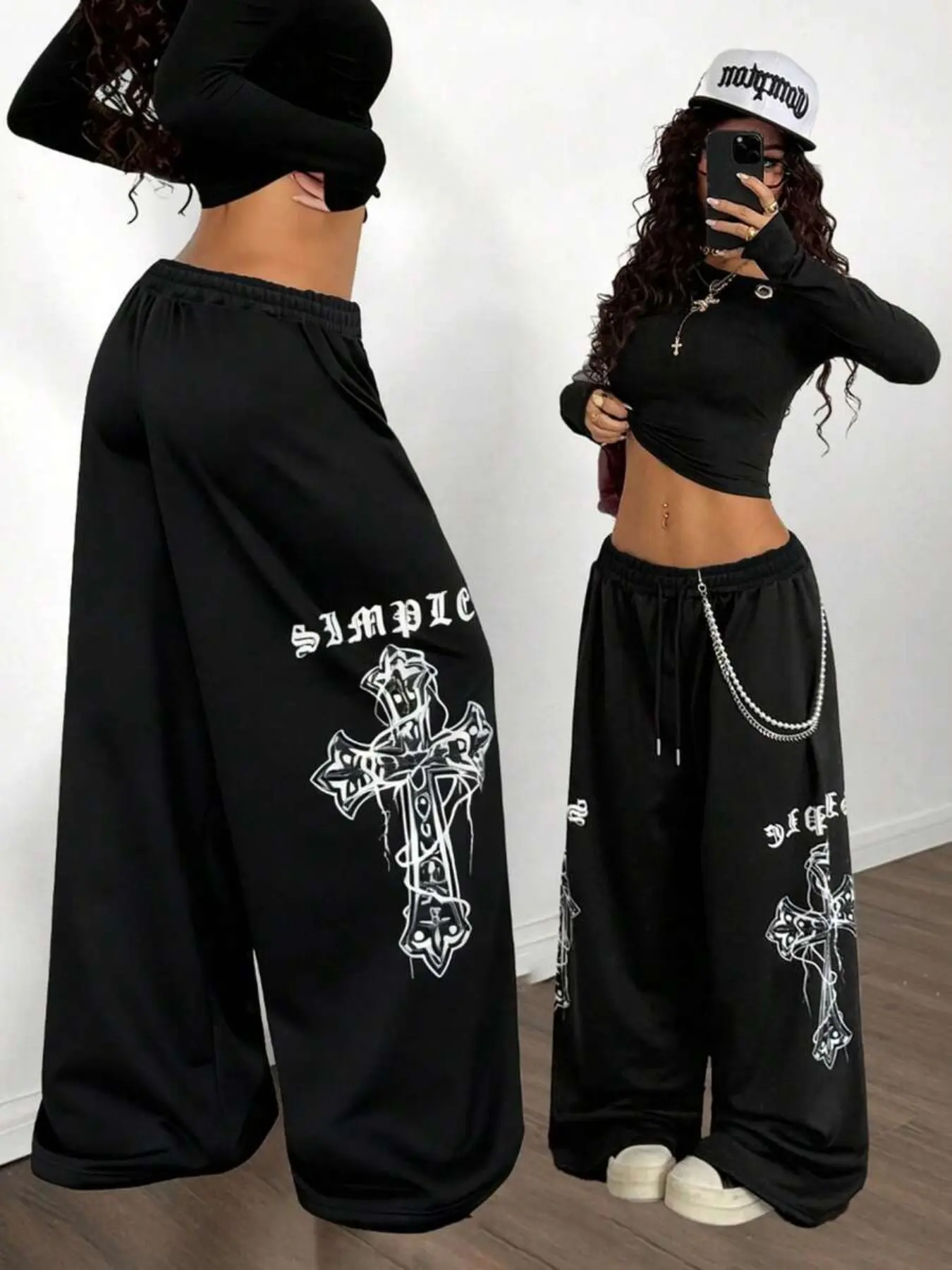 Gothic Cross Silver Color Trim Wide Leg Sweatpants, American Dark High Street, Elastic Drawstring High Waist, Side Large Cross Retro English