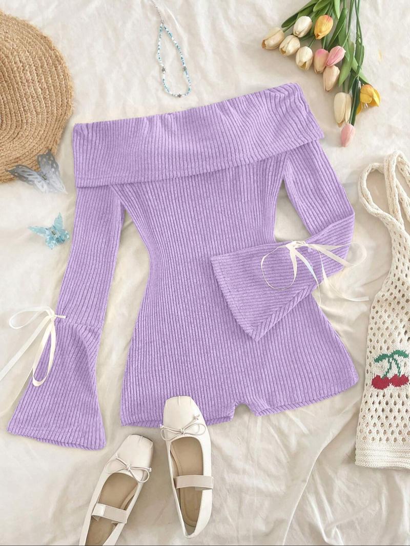 Women's Solid Ribbed Off Shoulder Flounce Sleeve Romper, Casual Fashion Cozy Romper for Daily Outdoor Wear, Women's Clothes for Spring & Fall, Casual Comfy Jumpsuit