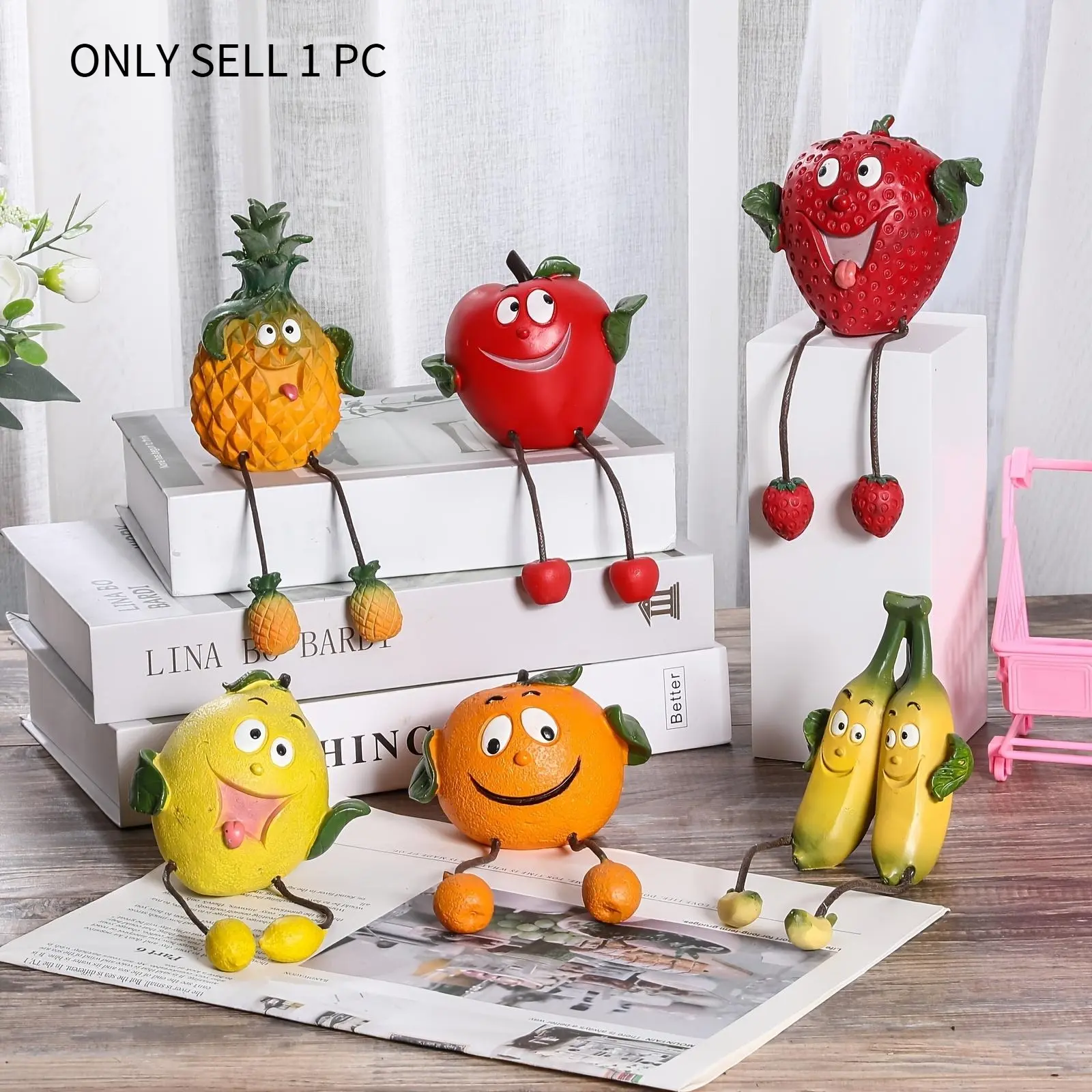 Cute Cartoon Fruit & Vegetable Resin Shelf Sitter Ornaments - Whimsical Hanging Legs Figurine for Home Decor, Creative Emotional Relax Gift for Living Room, Bedroom & Garden
