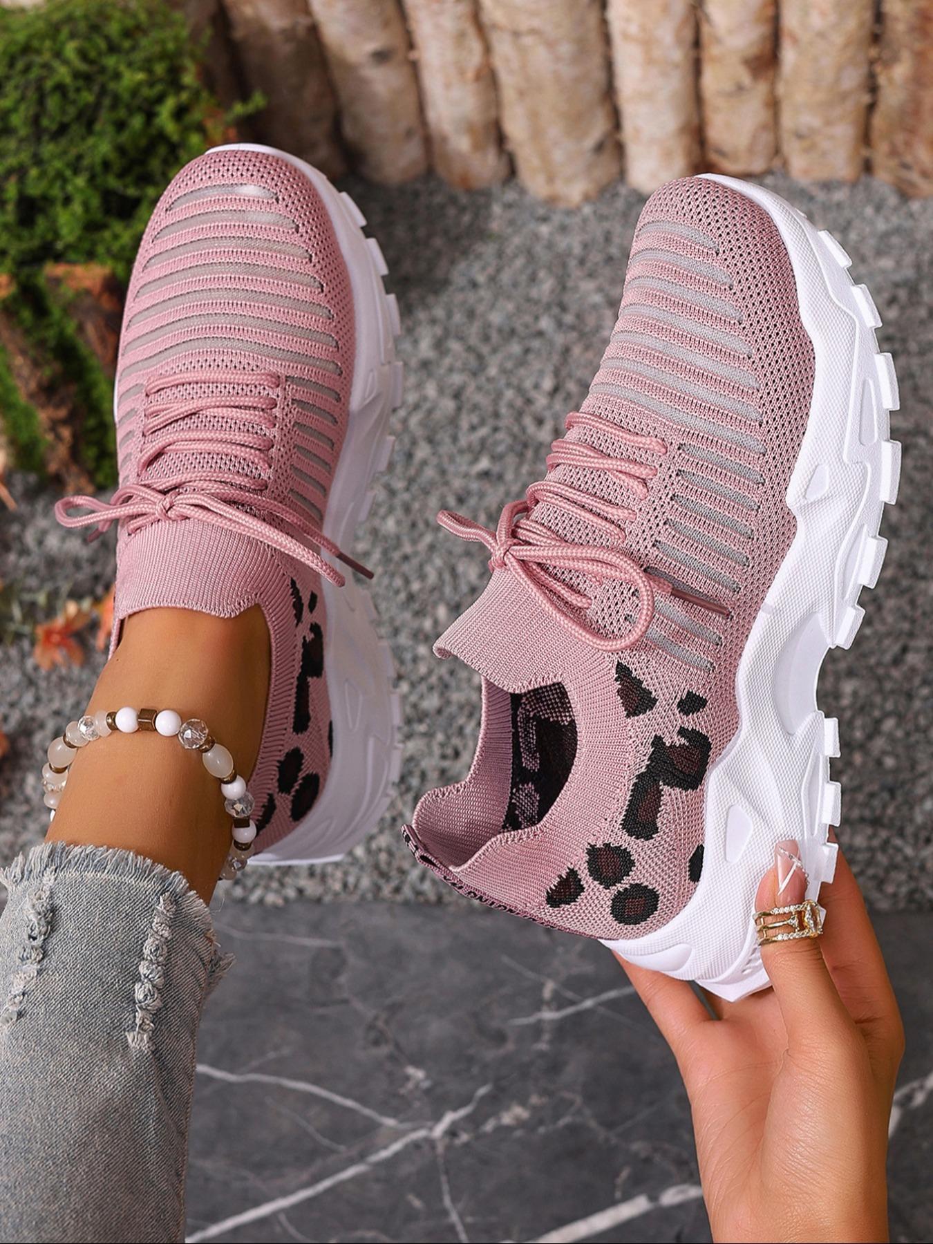Women's Fashion Leopard Print Lace Up Low Top Sneakers, Casual Comfortable Breathable Sports Knitted Running Shoes, All-match Basic Shoes for Daily Wear, Fashionable Running Shoes