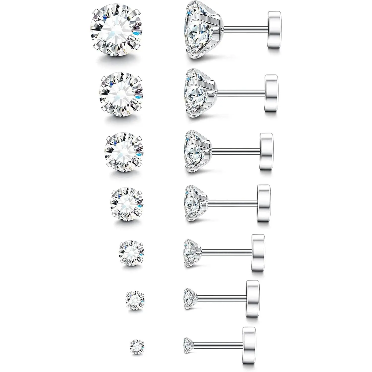 20G Hypoallergenic Flat Back Earrings for Women Men Silver 14K Gold Stainless Steel Stud Earrings Birthstone Cubic Zirconia Studs Surgical Steel Cartilage Earrings for Sensitive Ears