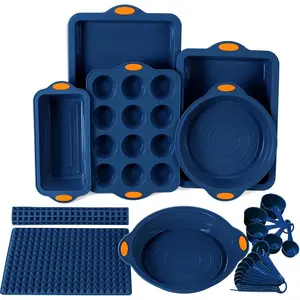 8 in 1 Silicone Baking Set - 6 Cake Molds - 2 Silicone Baking Mat, Nonstick Cookie Sheet, Cake Muffin Bread Pan with Grips and Metal Reinforced Frame More Strength, Navy Blue