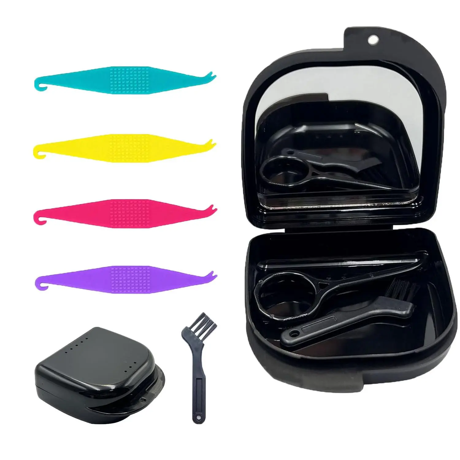 7Pcs Orthodontic Oral Care Kit, Ventilated Mirror Retainer Case Set with Aligner Remover Tool, 4 Elastic Rubber Band Placers and Cleaning Brush, Portable Dental Accessory Kit for Invisible Braces & Retainers