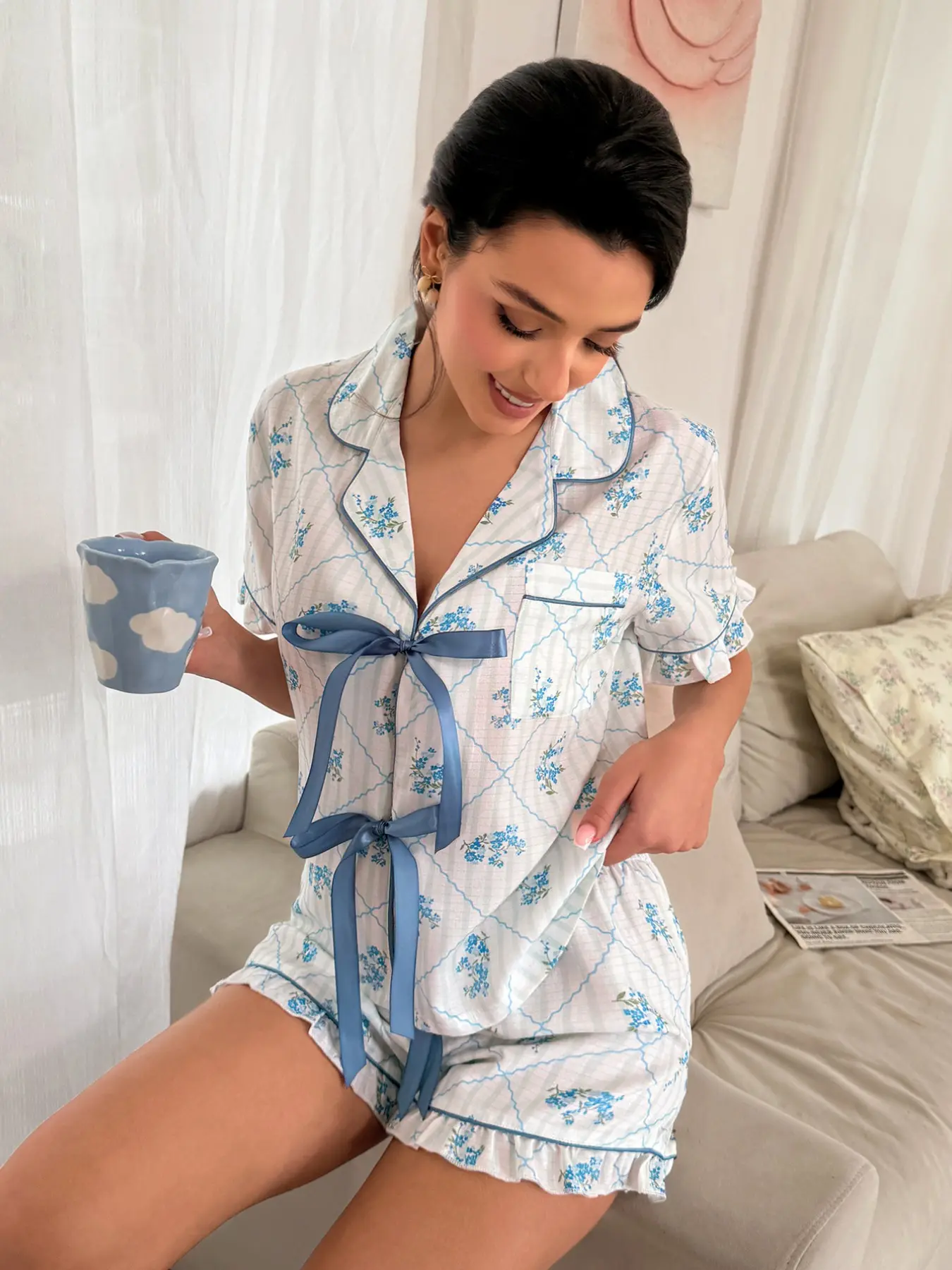 Vintage Blue Floral Pajama Set, Sweet Bow Front, French Romantic Ruffle Sleepwear, Elegant Women's Home Clothes