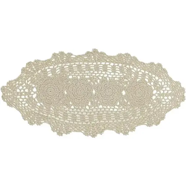 Oval Lace Table Runner Doilies Floral Table Scarf Furniture Cloth Cover Handmade Crochet Placemats, 100% Cotton (Beige Oval, 12x24 Inch)