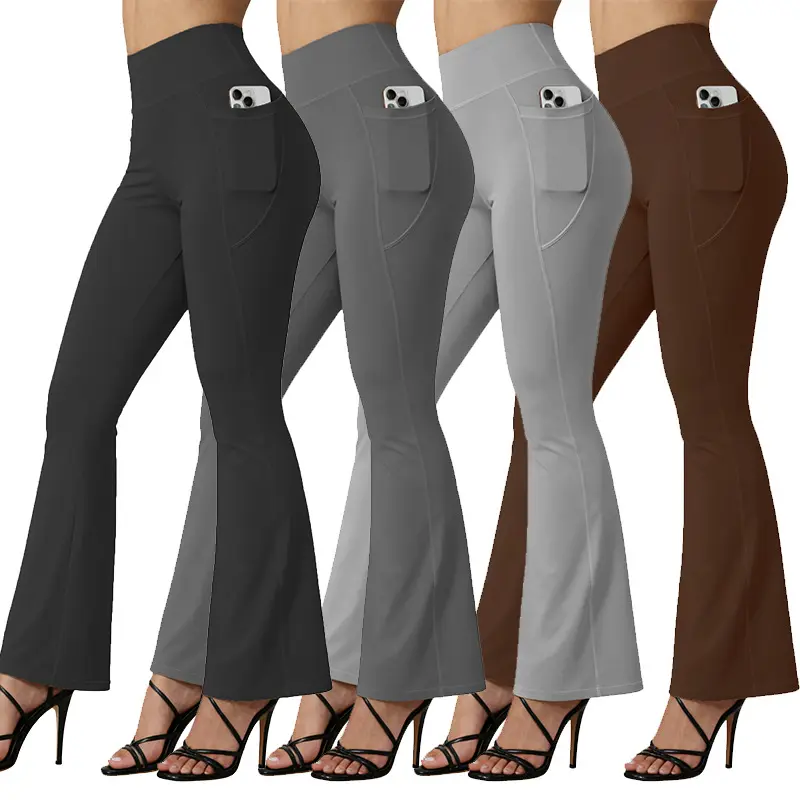 4PCS Women High Waist Flared Yoga Pants with Side Pockets, Stretch Bootcut Leggings, Tummy Control Workout Pants for Sports Fitness Daily Wear