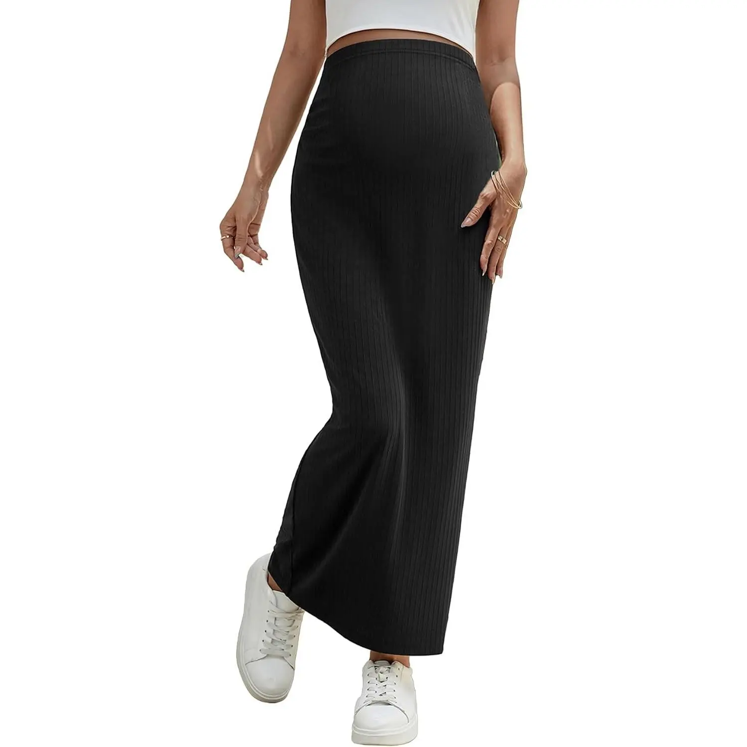 Women's Maternity High Waist Adjustable Maxi Skirts | Casual Solid Elastic Waist, Comfy, Pregnancy Long Skirt for Baby Shower Wedding Guest