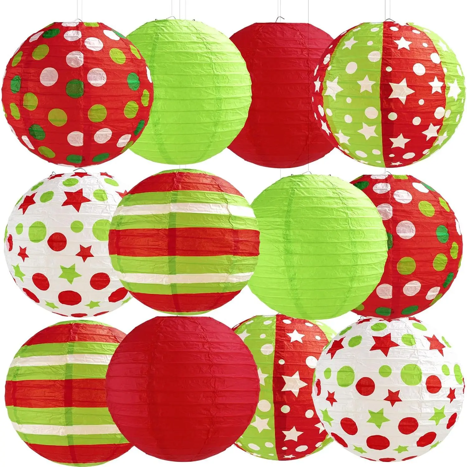 12 count Red Green Christmas  Paper Lanterns 8 Inch Christmas Party Lanterns Indoor Outdoor Decorative for Xmas Holiday Party  Shower Birthday