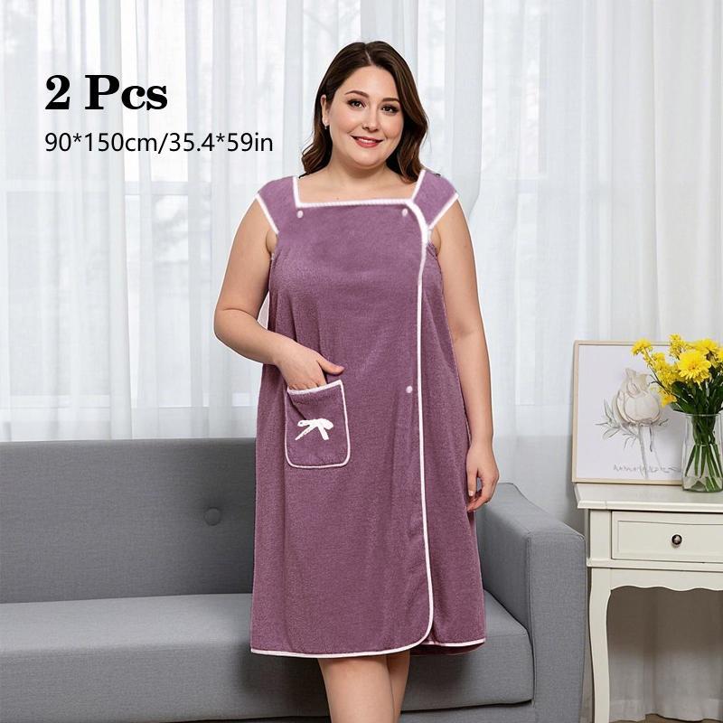 Plus Size Solid Color Bathrobe with Pocket, 2 Counts/set Absorbent Bath Skirt, Comfortable Bathrobe for Home Use, Suitable for Home, Bathroom, Hotel and Spa, Womenswear