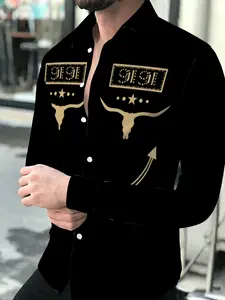 Men's Long Sleeve Shirt Fashionable Bull Skull Pattern Print Black Base with Apricot Design Casual Daily Commute Versatile Style, Suitable for leisure and sports scenarios Casual Sporty Shirt