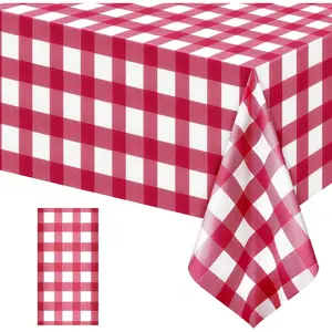 1 Pack Red Striped Gingham Tablecloths, 54 x 108 Inch Disposable Plastic Rectangle Table Covers,  Red and White Checkered Table Cloths for Picnic, Birthday, Party, Outdoor Events