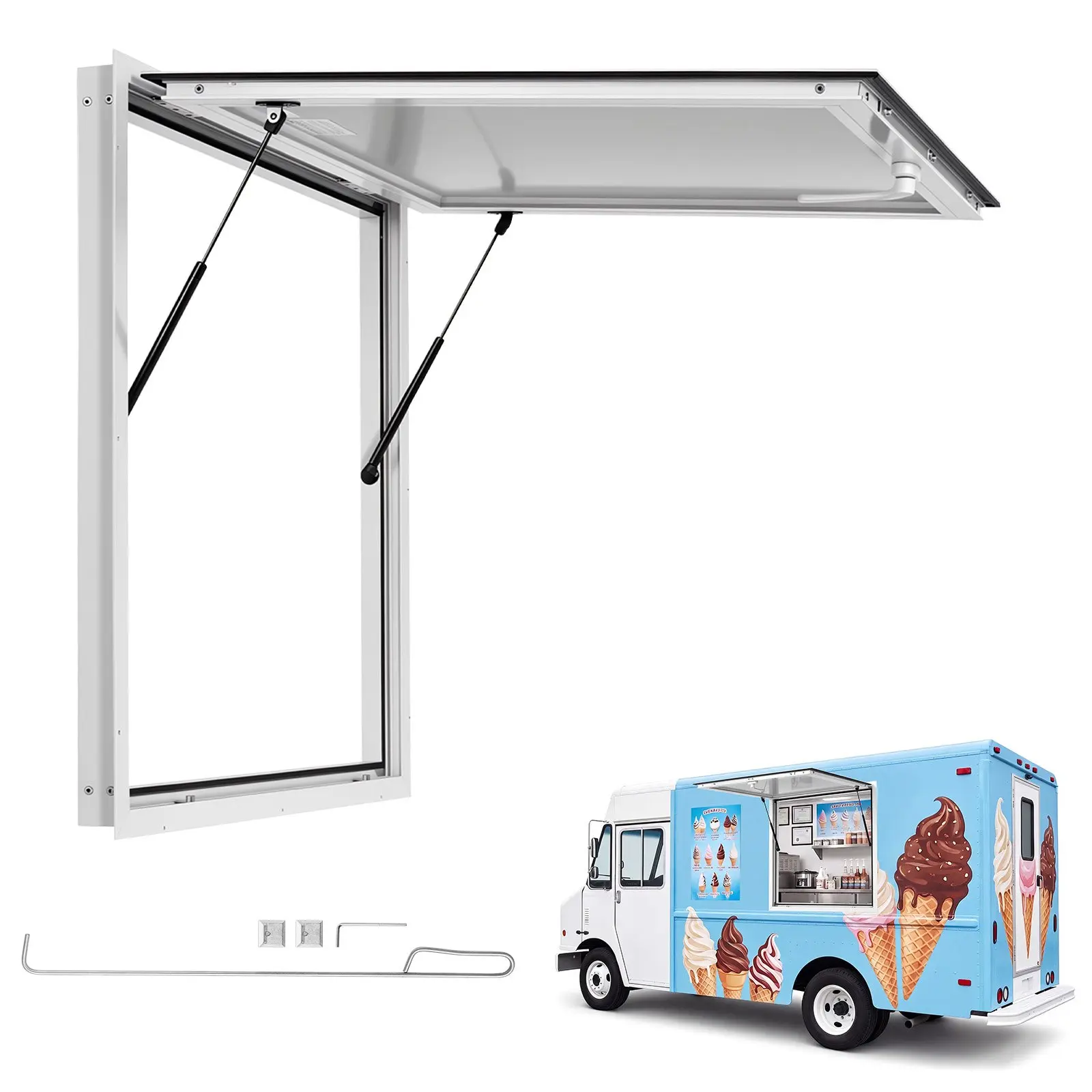 VEVOR Concession Window 36x36 in Aluminum Alloy Frame Service Window, for Food Truck, Up to 85 Degrees Stand Serving with Awning Door and Drag Hook, Rainwater Resistant for Concession Trailer