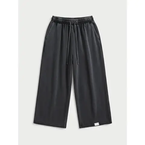 Drawstring Waist Workout Sweat Shorts Wide Leg Baggy Washed Cropped Pants with Pockets