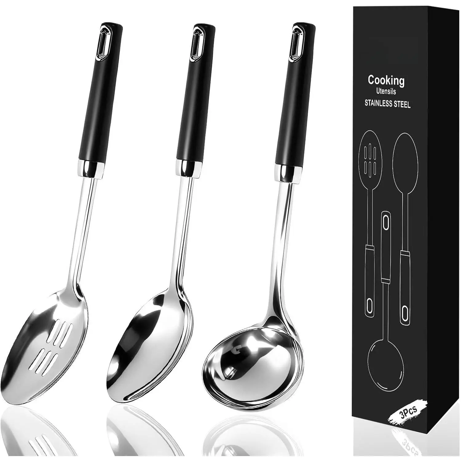 12" Stainless Steel Cooking Spoons Set & Serving Spoons Set with Heat-Resistant Handle, Slotted Spoon, Solid Spoon & Soup Ladle Kitchen Utensils Set for Effortless  and Commercial Use, 3 Pack