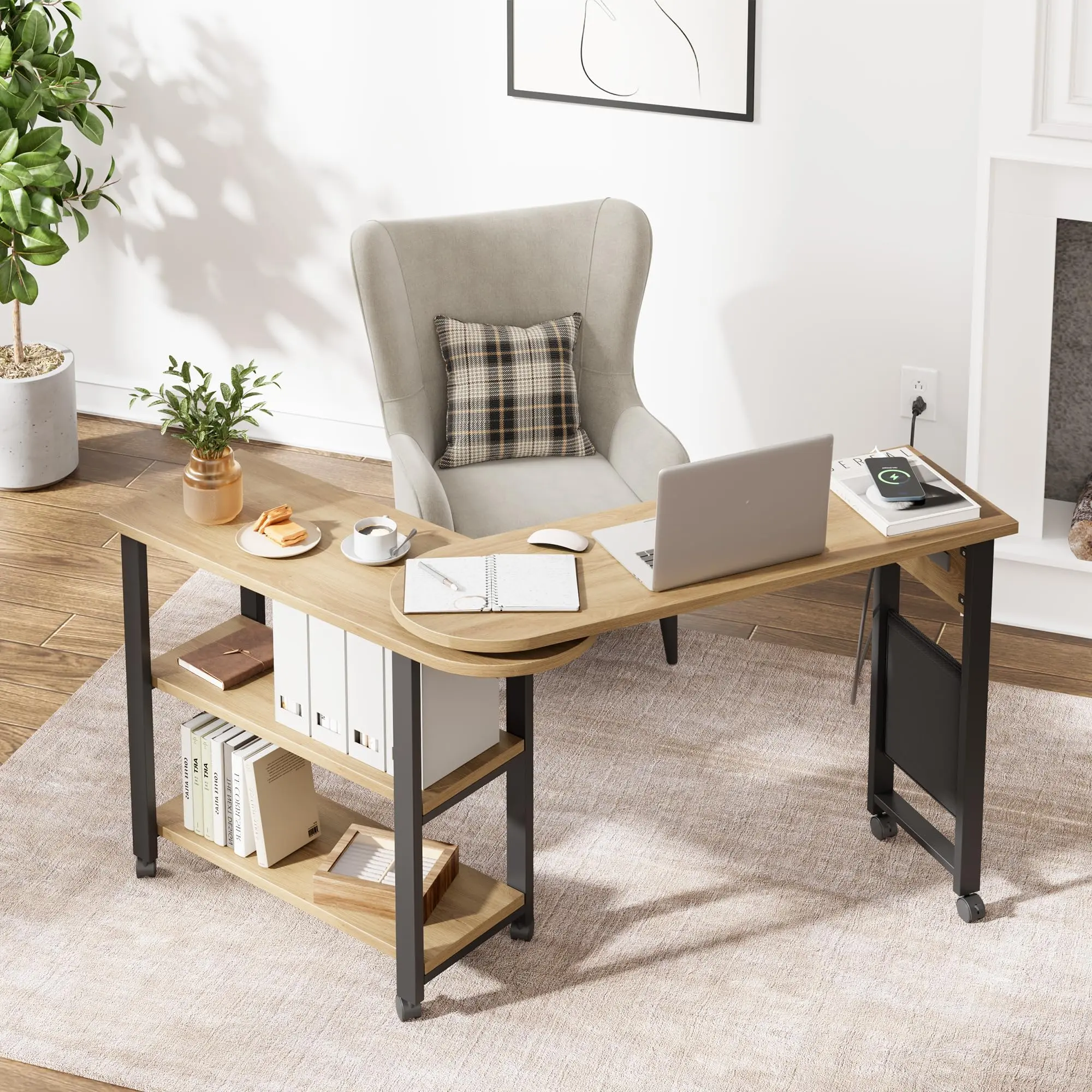 360° Rotating Sofa Side Table with Charging Station – 3-Tier Movable Coffee Table with Extra Storage Pocket and 6 Lockable Swivel Wheels – Versatile End Table for Living Room, Bedroom, Office – Rustic Brown