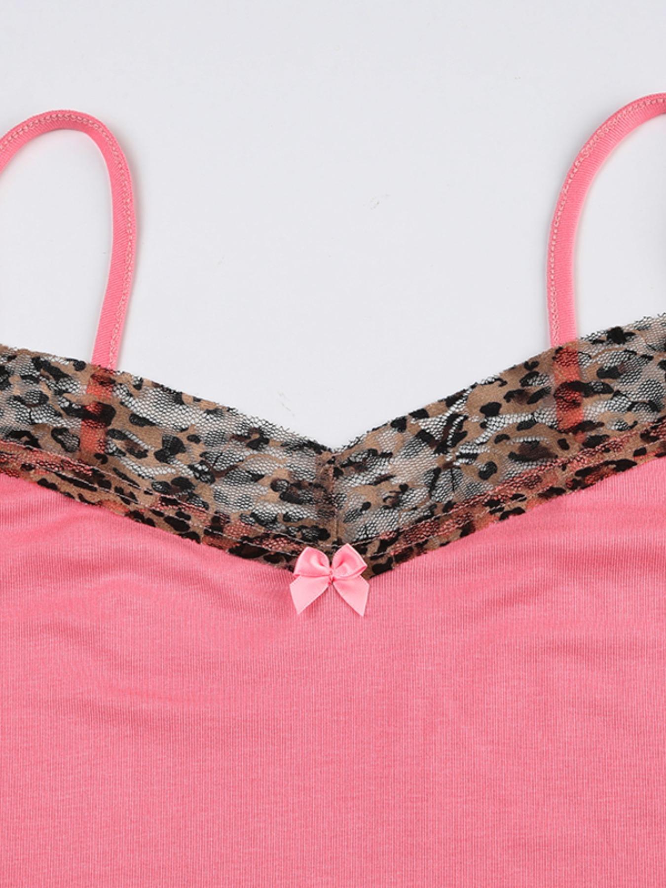 Women's Leopard Print Bow Decor Contrast Mesh Cami Top, Casual Spaghetti Strap Top for Summer, Ladies Clothes for Daily Wear, Casual Comfy Cami