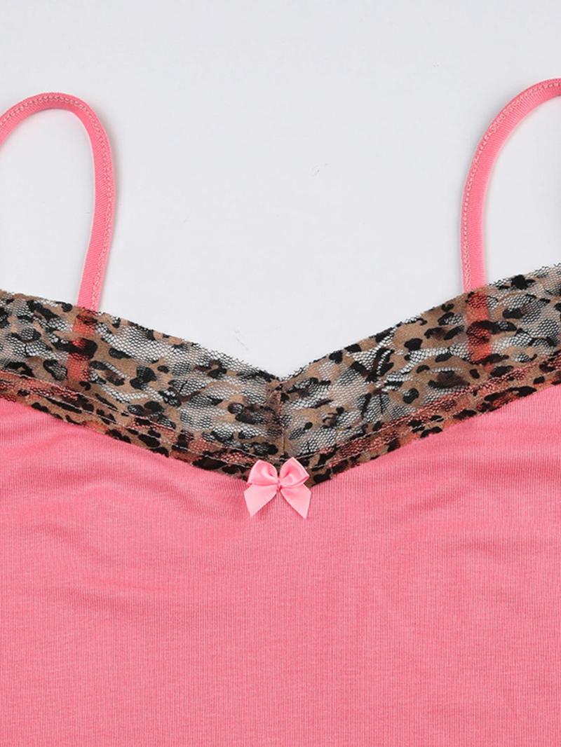 Women's Leopard Print Bow Decor Contrast Mesh Cami Top, Casual Spaghetti Strap Top for Summer, Ladies Clothes for Daily Wear, Casual Comfy Cami