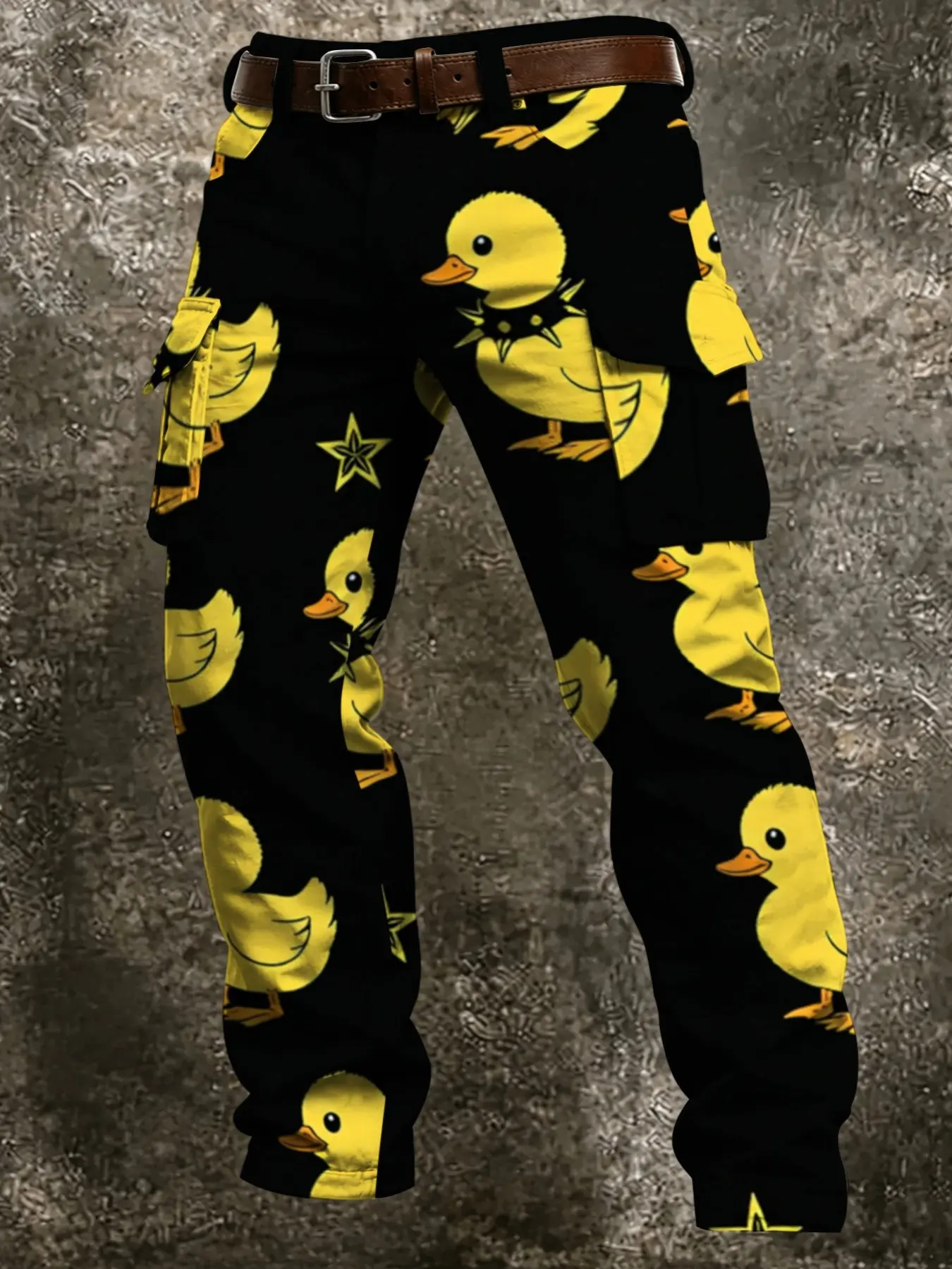 Base Cartoon Duck Star Print Men's Work Pants, Fun Street Style, Multiple Pockets, Loose Straight Leg, Casual Long Trousers