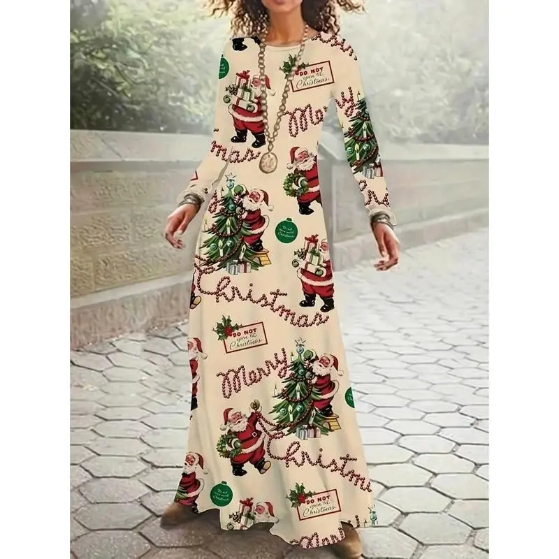 Women's Elegant Christmas Maxi Dress - Long Sleeve -Line Santa & Reindeer Print Party Dress with Poinsettia Red/Green/White Pattern, Fitted Waist (Machine Washable) for Holiday Parties, Xmas Events & Winter Outfits - Festive Costume, Christmas Dress,