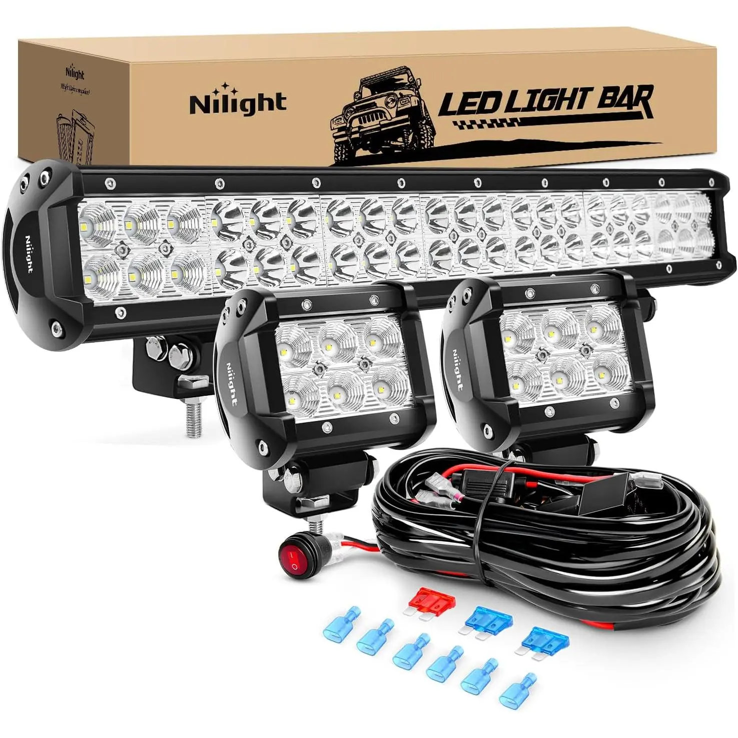 Nilight 20Inch 126W Spot Flood Combo Led Off Road Led Light Bar 2PCS 18w 4Inch Flood LED Pods With 16AWG Wiring Harness Kit-2 Lead Truck Lightbar, Led Work Light, Light Bar Car