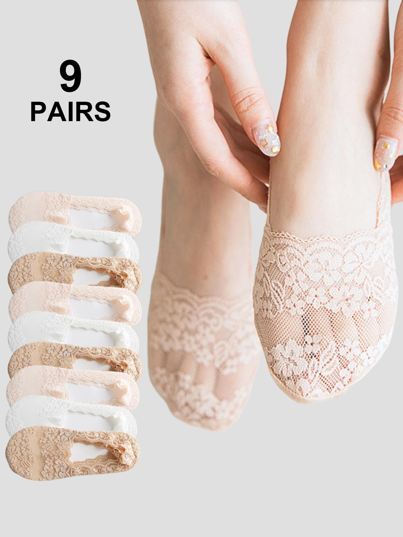 Women's Solid Color Floral Lace Invisible Socks, Breathable Comfortable No Show Socks for Women, Multipack Knit Socks for Daily Wear