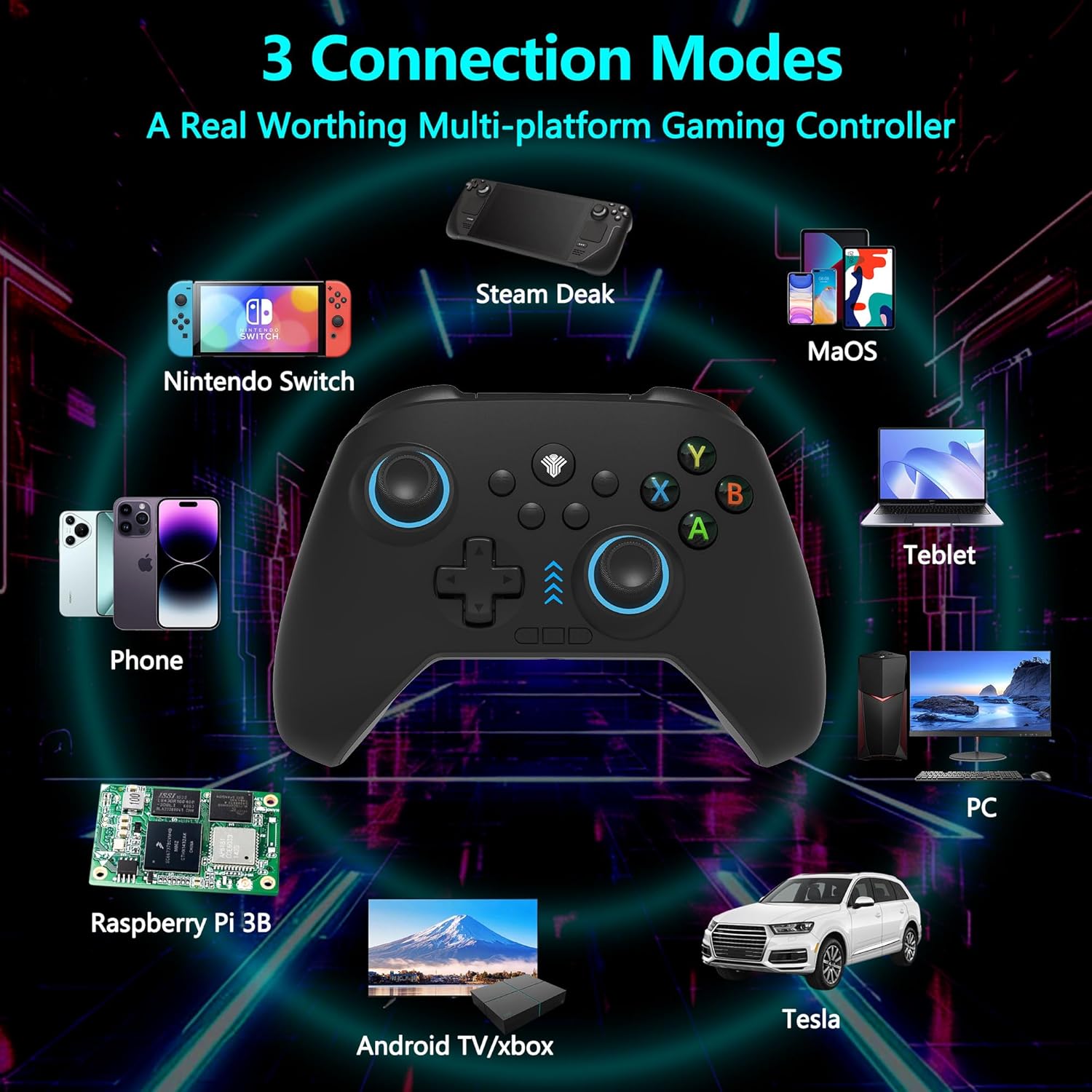 2.4G  PC/ Controller with RGB Lighting/Programming /Hall Joysticks/Hall Triggers/Vibrations,Three-Mode  Controller,Plug and Play Work for Windows PC, Android, , Steam,TV