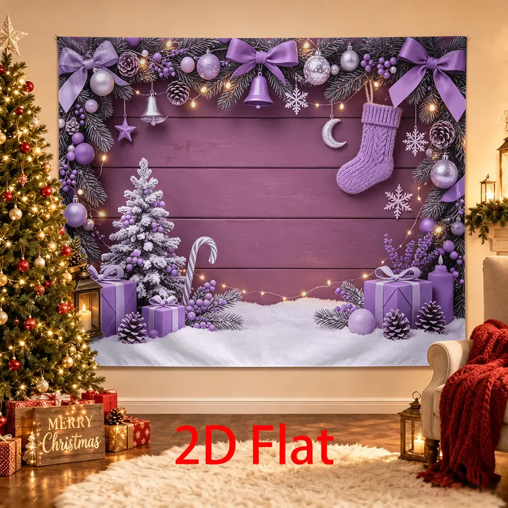 Purple Christmas Backdrop, Lavender Winter Photography Background with Stocking, Snowy Tree, Silver Snowflakes, Gifts, Bows and String Lights