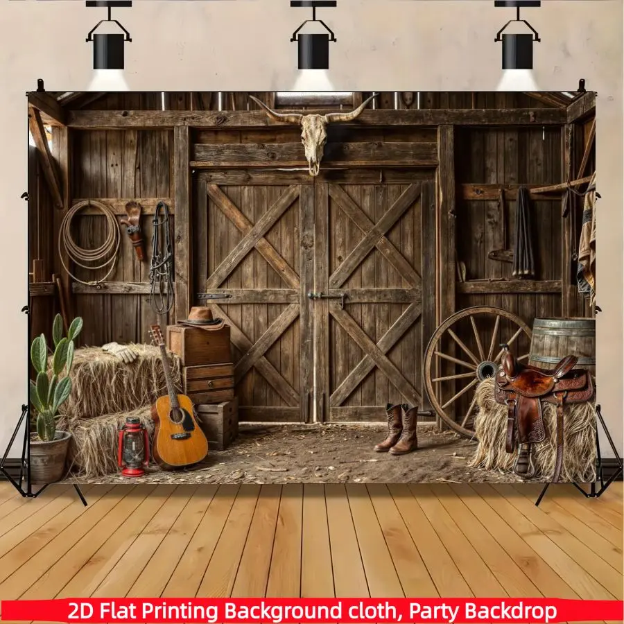 Vintage barn western country cowboy themed background banner,made of polyester material,suitable for living rooms,bedrooms, offices, birthdays, anniversaries, home decor, outdoor and indoor parties, photography background fabric, party decoration supplies