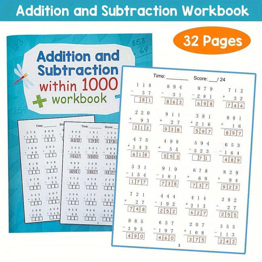 32 Page Math Workbook for Kids Up to 1000, Fun Addition and Subtraction Activities, Perfect for Early Math Skills Learning