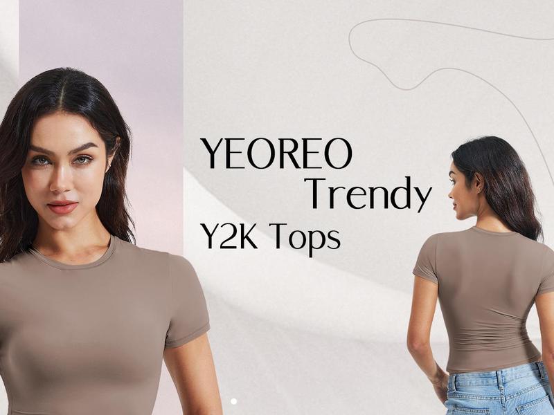 YEOREO Women Fitted Workout Tops Short Sleeve Double Lined Basic Y2K Going Out Crew Neck Compression Crop Top Womenswear