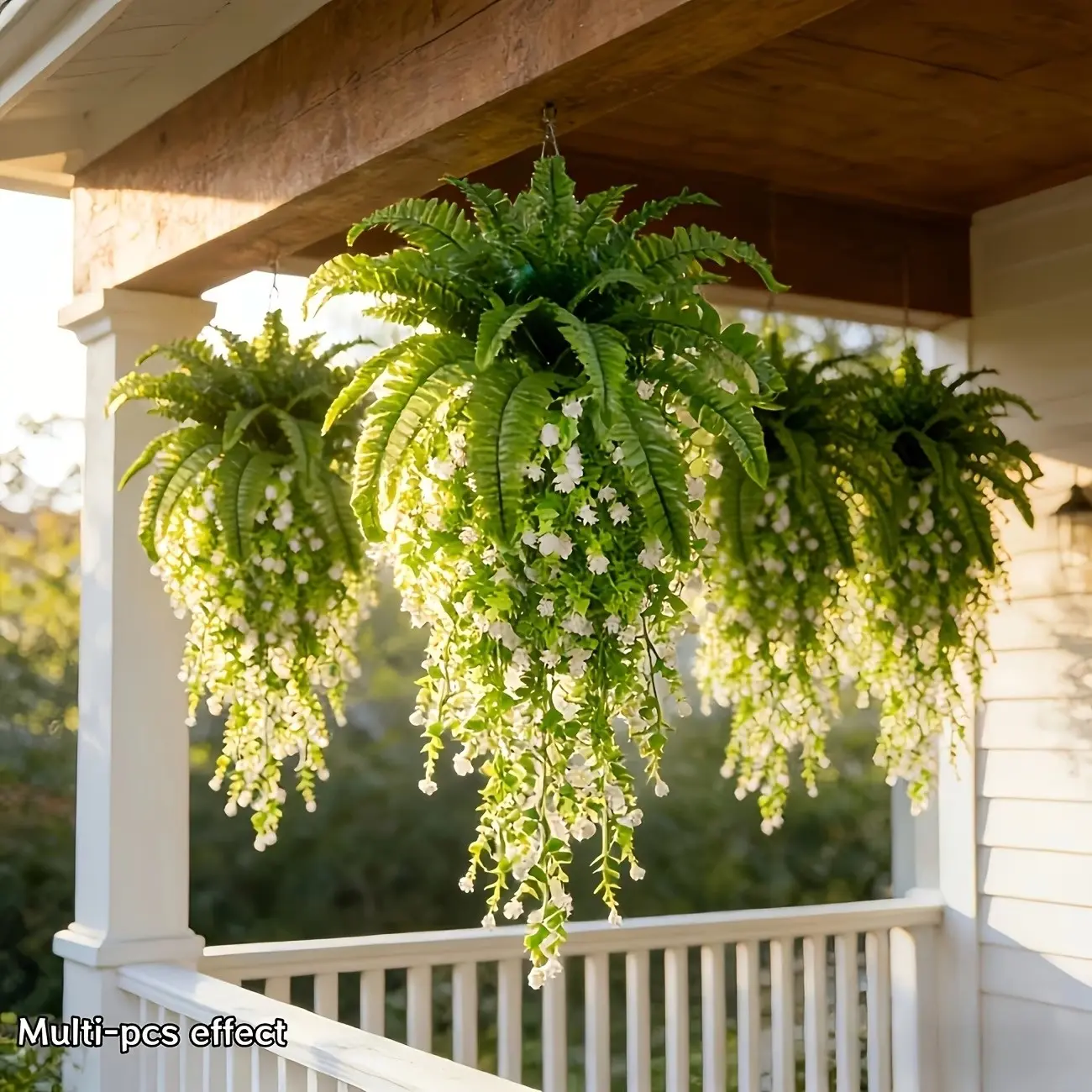 1 set=1 PC-Large Boston Fern Plant Set +3 PC Camellia Hanging Plants,UV & Rain Resistant, No Maintenance, Perfect for All Seasons, Outdoor Decor Best decorations for summer and autumn, as well as seasons and holidays like Halloween and Christmas