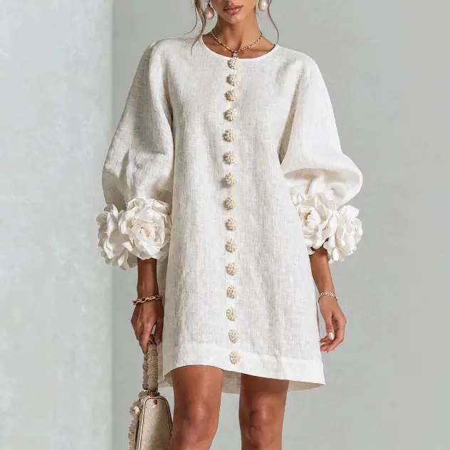 outfit pants set plus size tall Women's White Mini Dress, Puff Sleeve Linen Dress, Elegant Floral Cuff Loose Fit Summer Vacation Dress