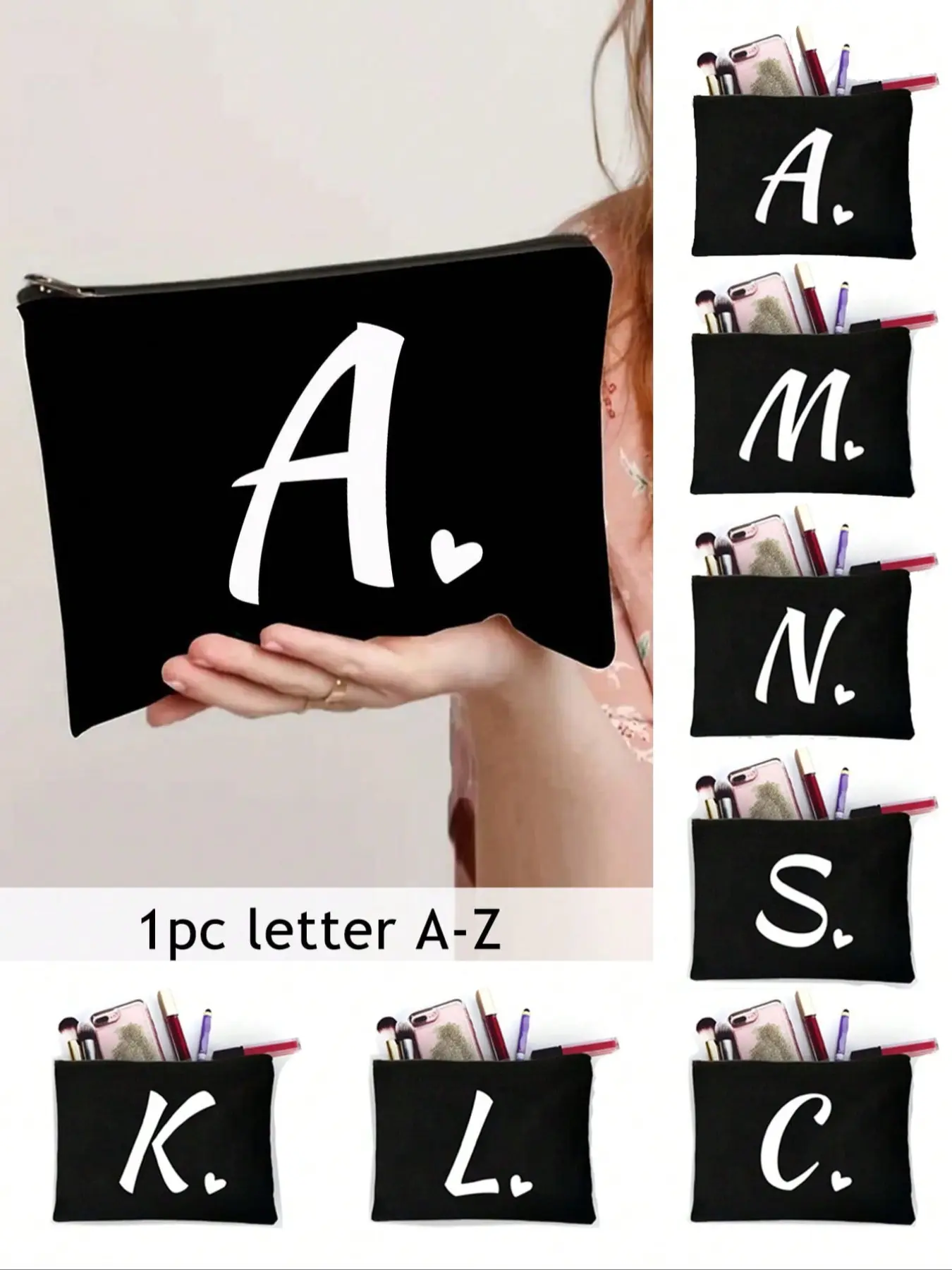 One small black patchwork women's makeup bag printed with the letters A-Z. Portable toiletry bag, reusable makeup bag, simple and large-capacity travel makeup bag, suitable for both men and women, suitable for friends' weddings, travel essentials.