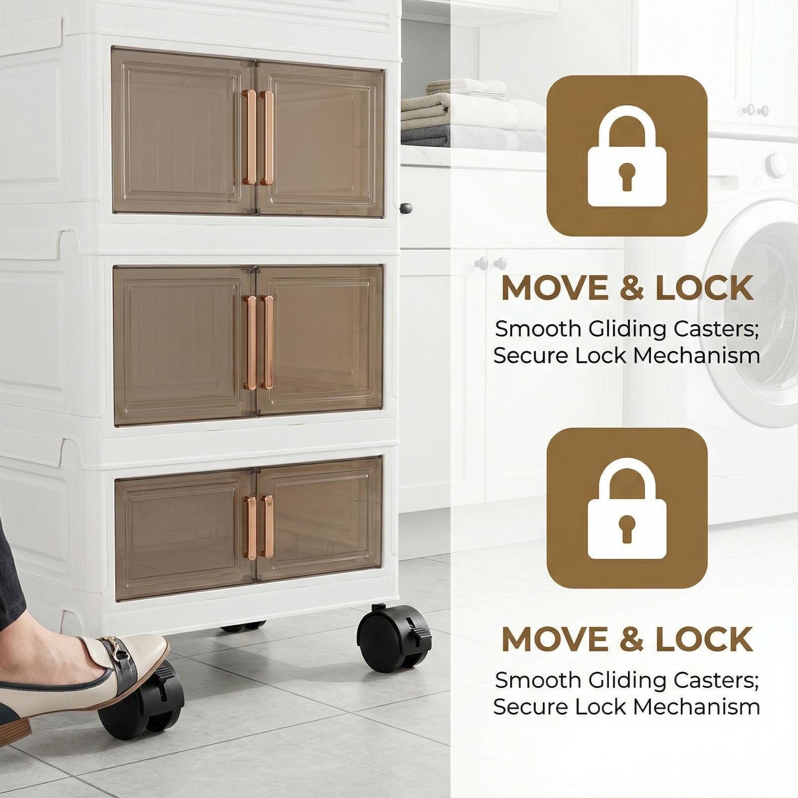 3 Tier Stackable Plastic Storage Bins with Doors and Wheels 42cm Foldable Plastic Storage Container Large Capacity for Craft Home Pantry DormTransparent