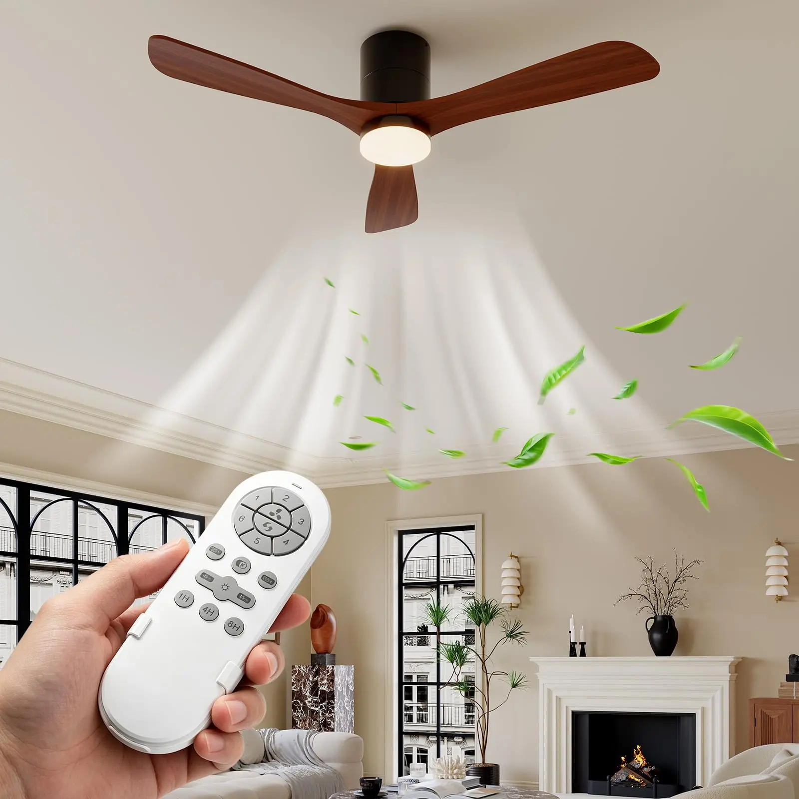 52-Inch Flush Mount Ceiling Fan with Lights & Remote - Low Profile Matte Black, Quiet Reversible DC Motor, 6 Speeds, Dimmable 24W LED 3CCT, Solid Wood Blades
