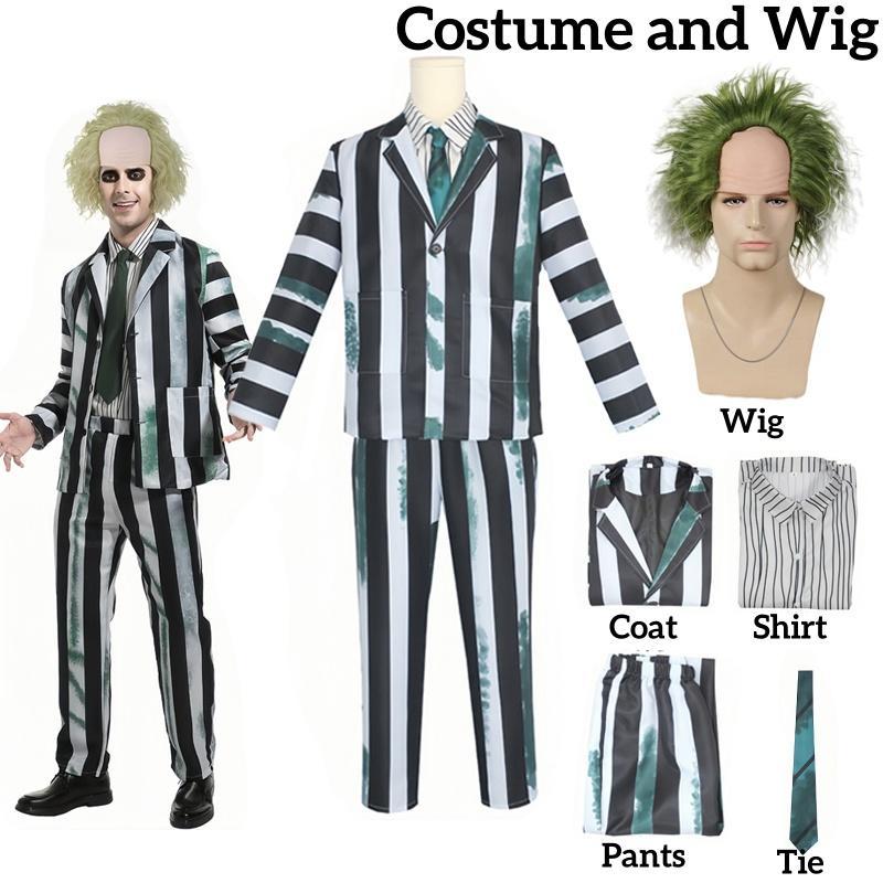 Adult Men Costume Black and White Striped Suit with Wig for Halloween Cosplay Party Outfit Horror Movie Character