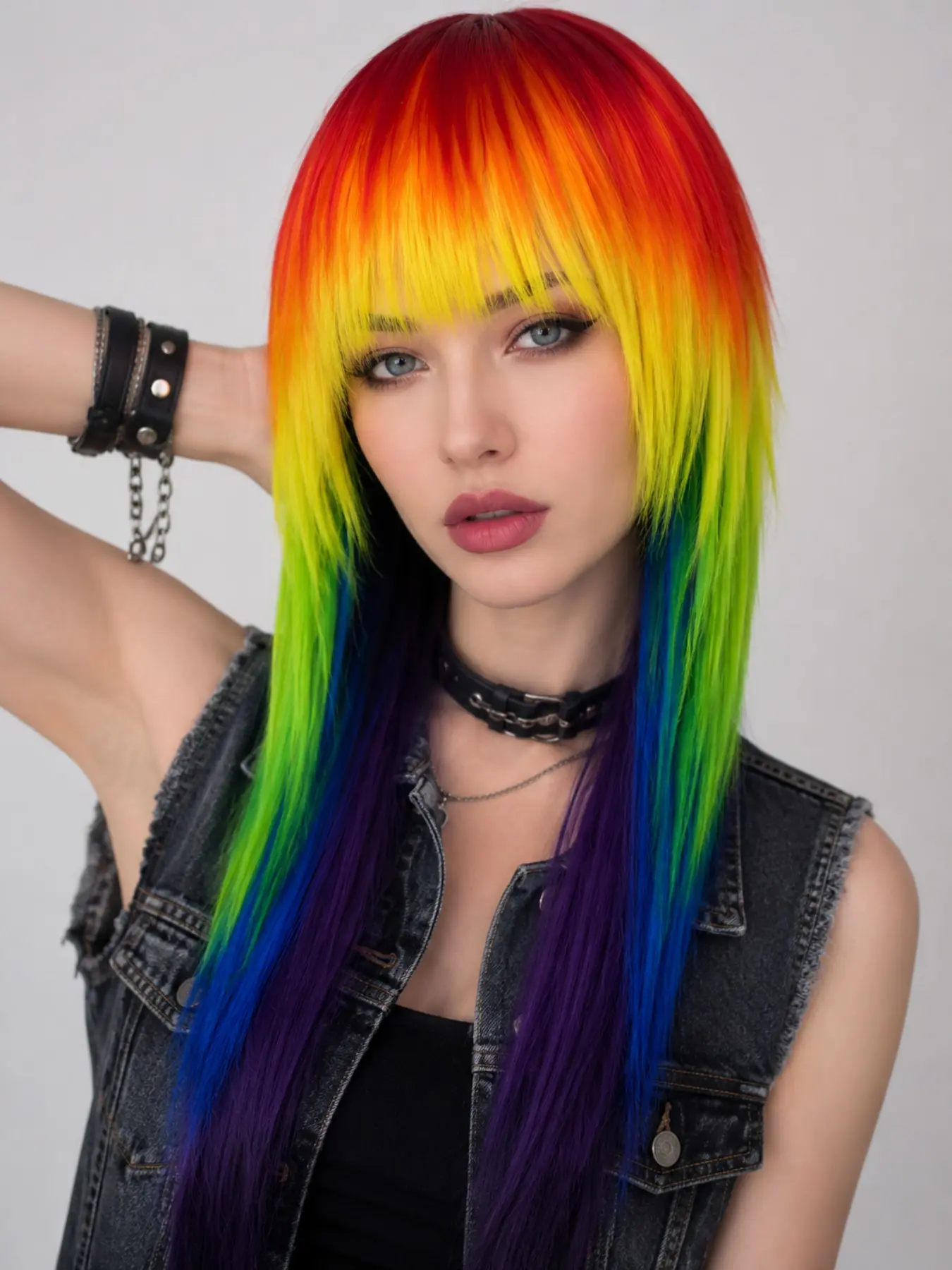 24-Inch Rainbow Long Straight Wig, Synthetic Hair,  LGBT，Unisex Design for Colorful Cosplay Costumes and Party Wear.