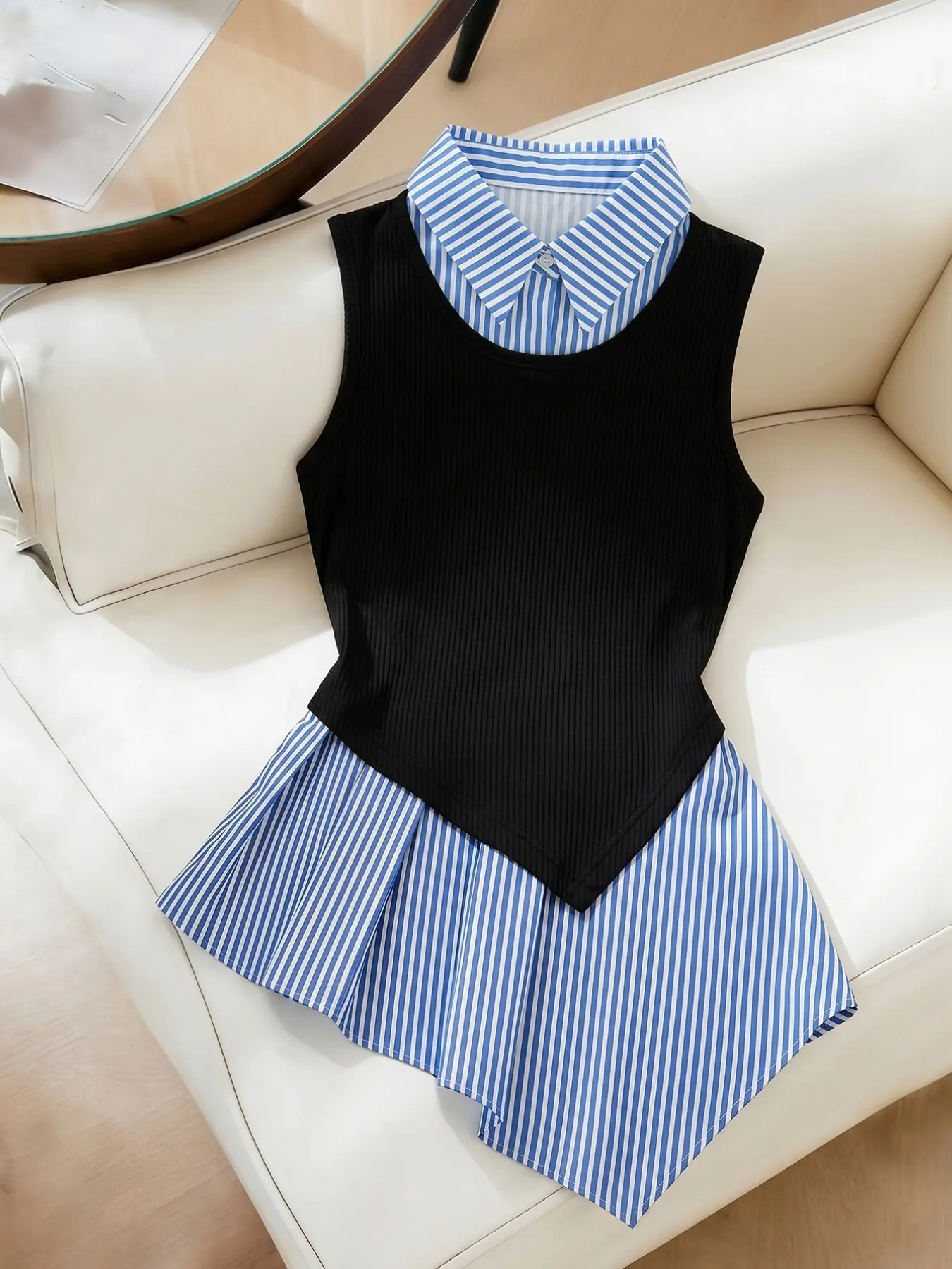 Summer Unique Design Asymmetric Hem Fake Two-Piece Shirt Patchwork Vest Slimming Waist Commuter Top, Stylish and Comfortable