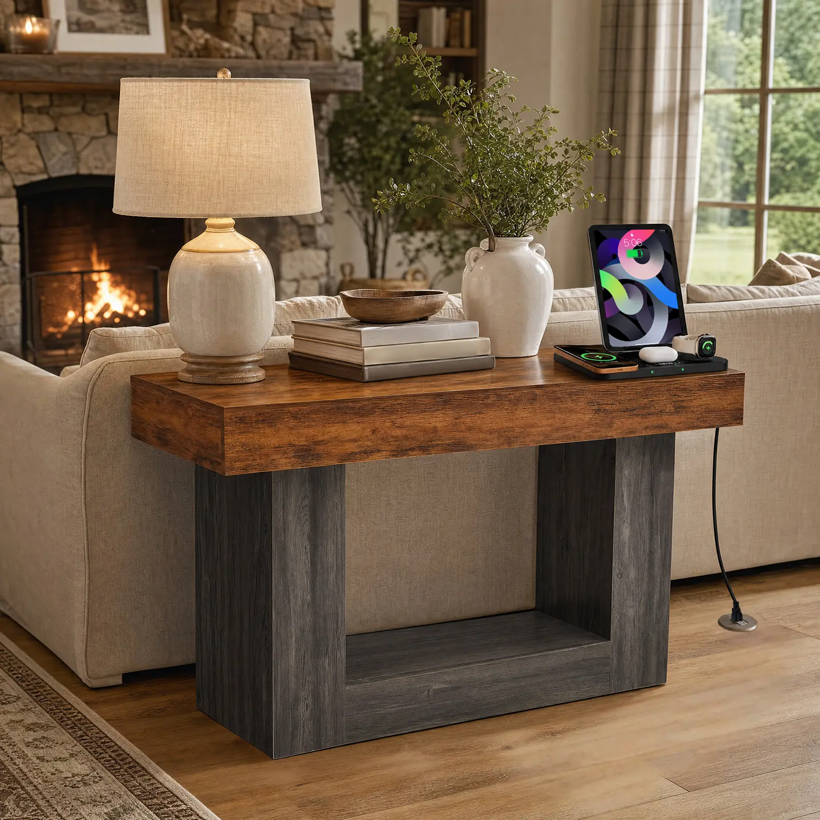 55 Inch Farmhouse Console Table with Built-In Power Outlet & LED Light, 2-Tier Sofa Table for Entryway/Hallway/Living Room, Geometric Design, Storage Shelf