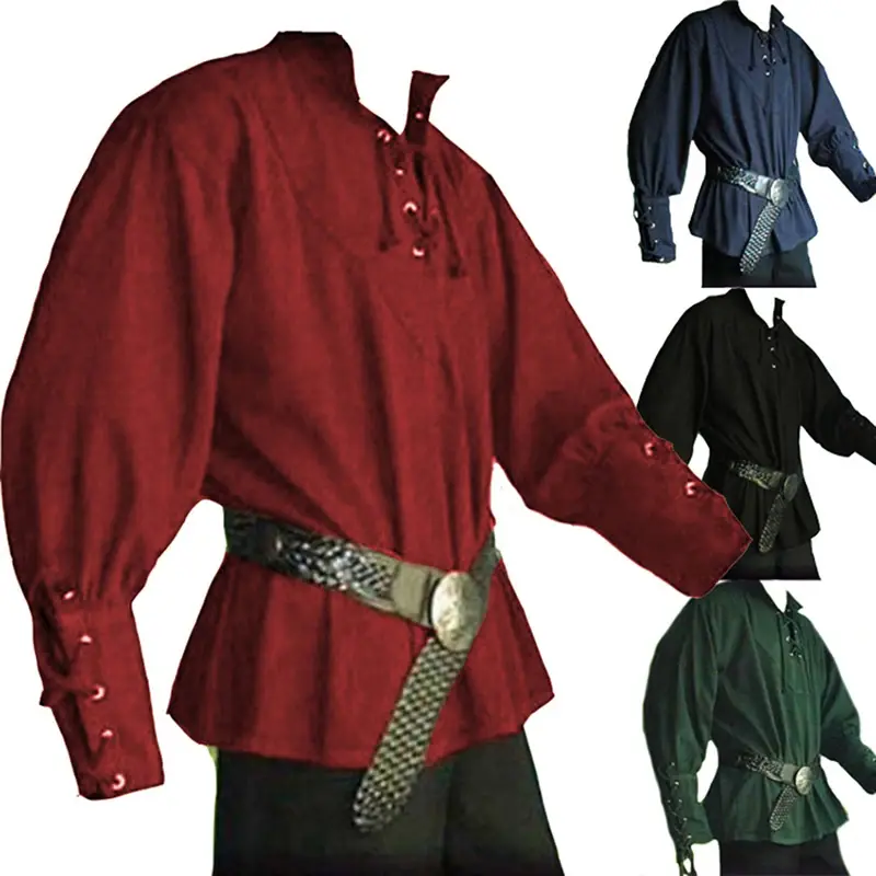 Men's Medieval Pirate Shirt, a Vintage Gothic Tunic with Lace-Up V-Neck, Lightweight Clothes for Halloween Cosplay & Festivals, Aesthetic, Jeans, Casual, Costume, Love, Top