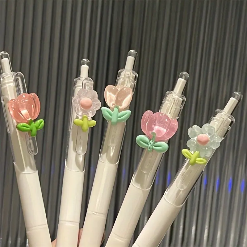 5/10pcs Cute Flower Push Button Pens, Student Quick-Dry Neutral Pen, 0.5mm Tip, High-Quality Tulip Pen, Girls' Heartfelt Design