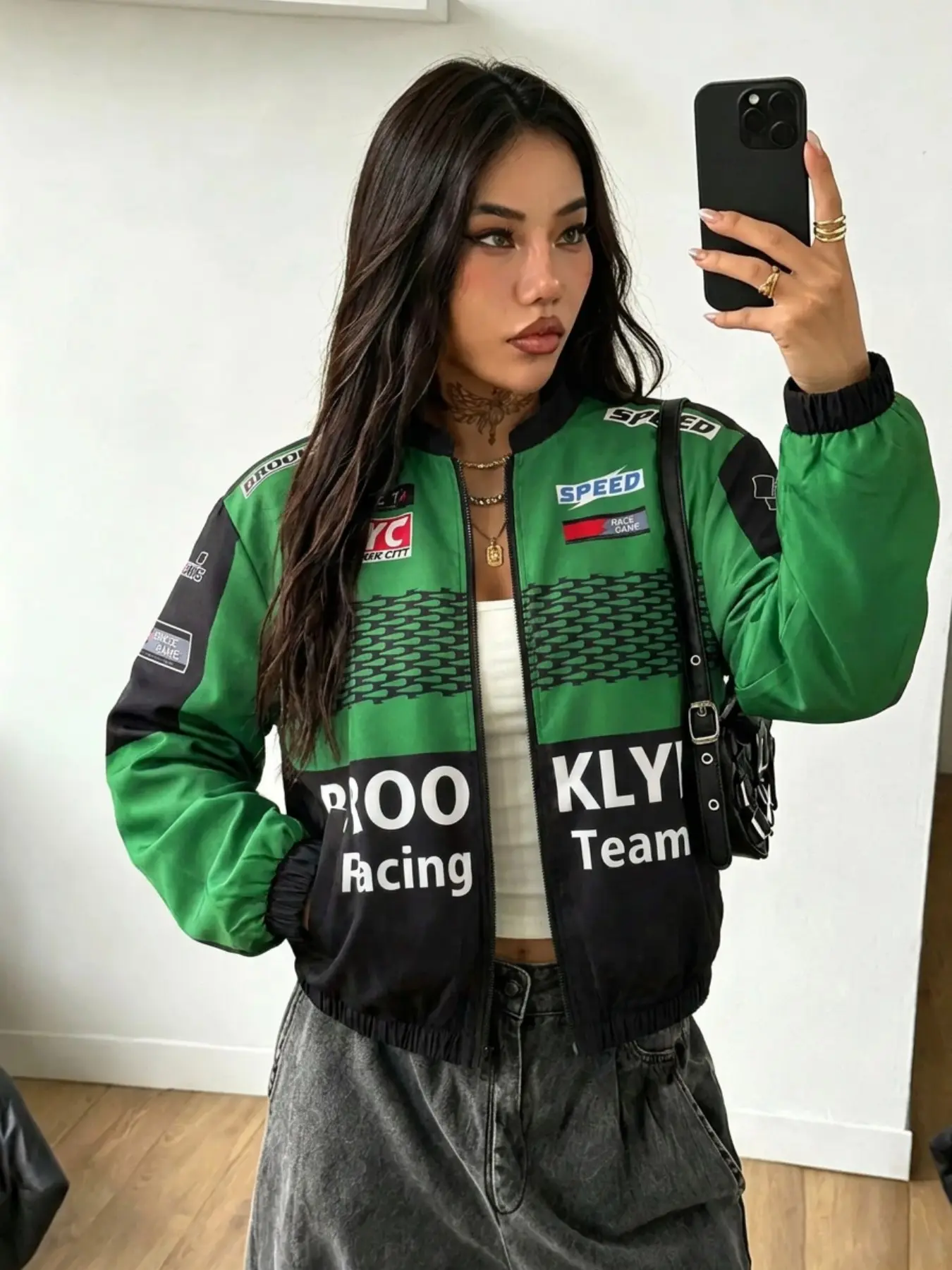 Women's Racing Jacket, Long Sleeve Zipper Jacket, Race Team Badge and Letter Print, Y2K Street Style Windproof Coat, Casual Wear, Loose Fitting Jacket