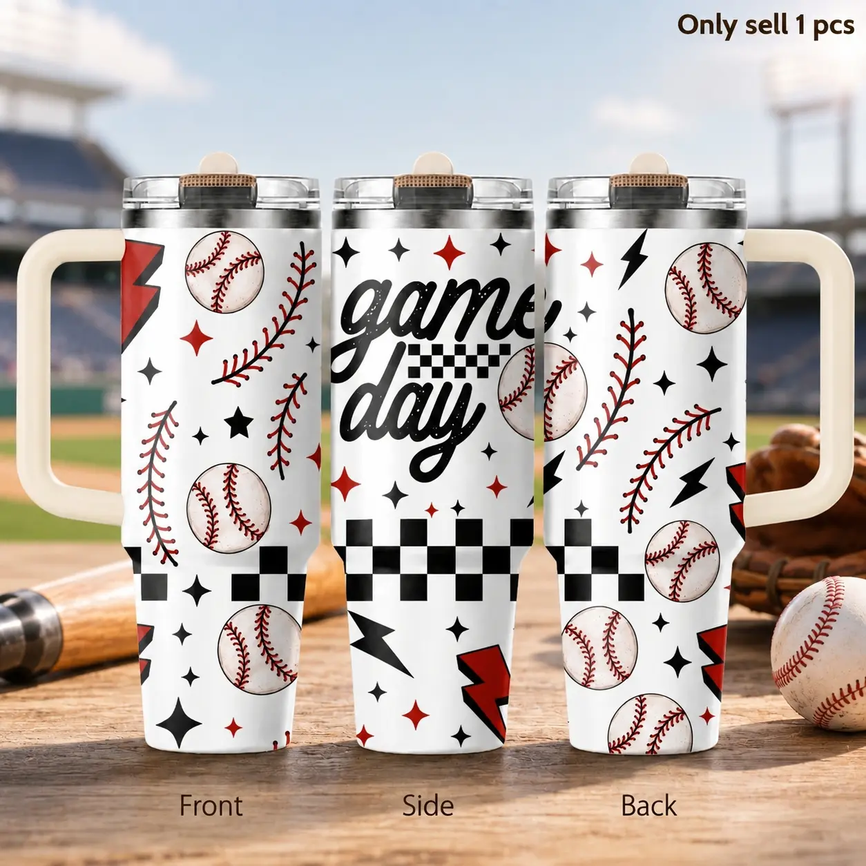 Baseball Game Day 40oz Tumbler – Baseball Lover Stainless Steel Insulated Cup with Handle & Straw Lid for Coffee, Water, Ballpark Trips, Practice, Office, Car, Baseball Fan Gift