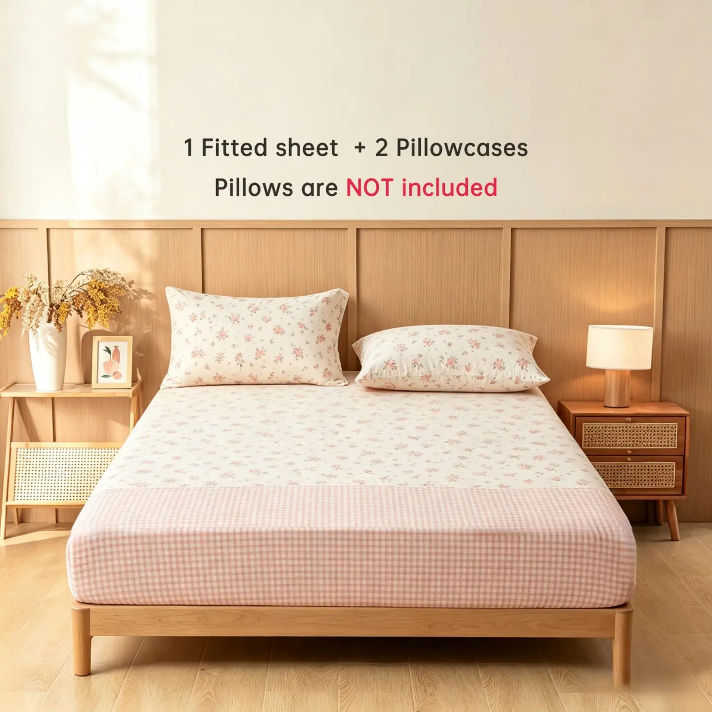 Floral Gingham Fitted Sheet Set 3‑Piece, Soft Breathable Fitted Bed Sheet with 2 Pillowcases, All Sizes Available, Pillow Inserts Not Included